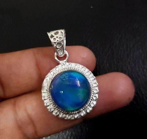 925 Sterling silver Pendant 25Ct Aurora Natural Opal Multi Fire Round Gemstone