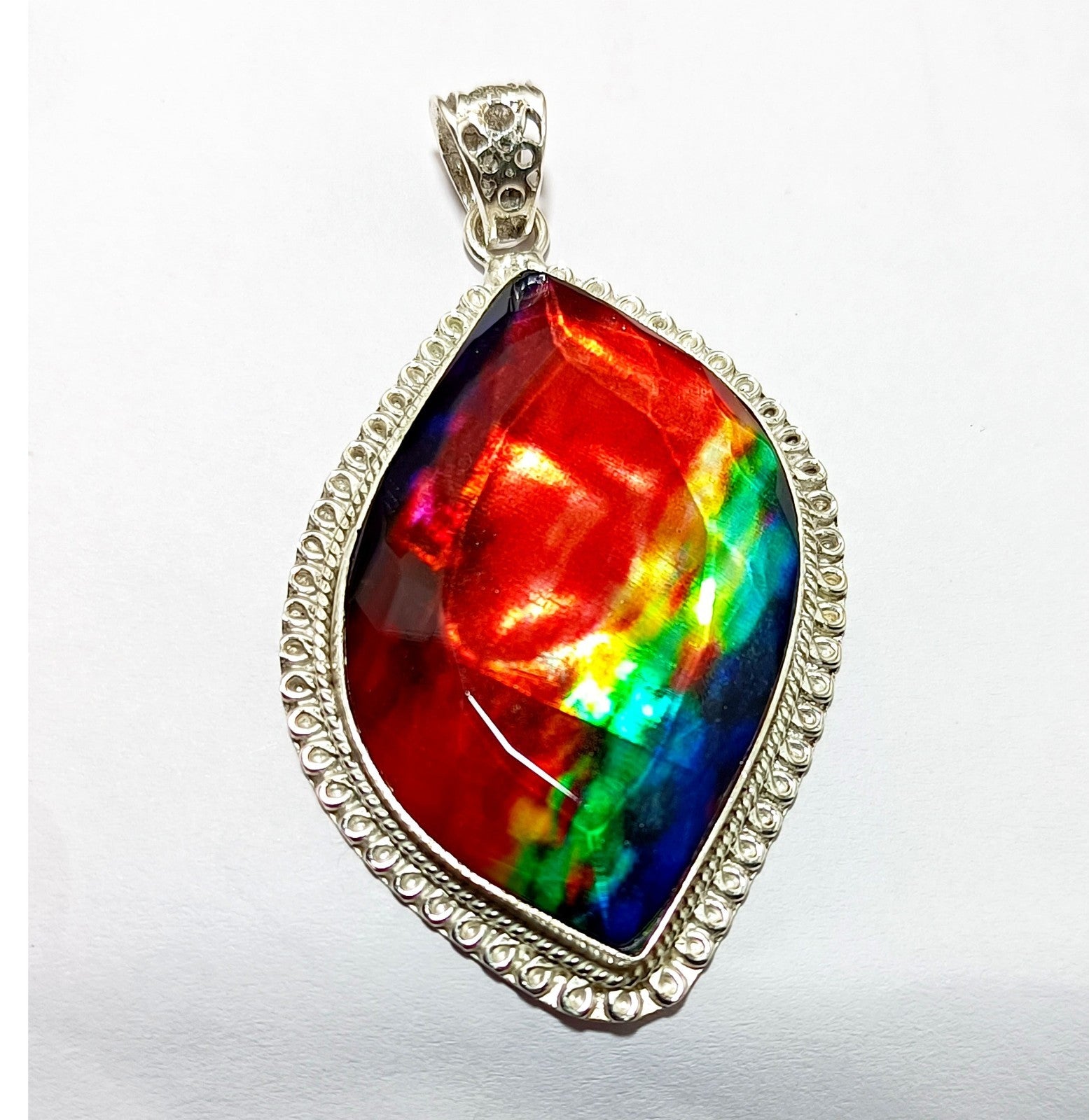 Certified 100.85 Ct Natural Ammolite 925 Solid Silver Rainbow Pendant Gemstone