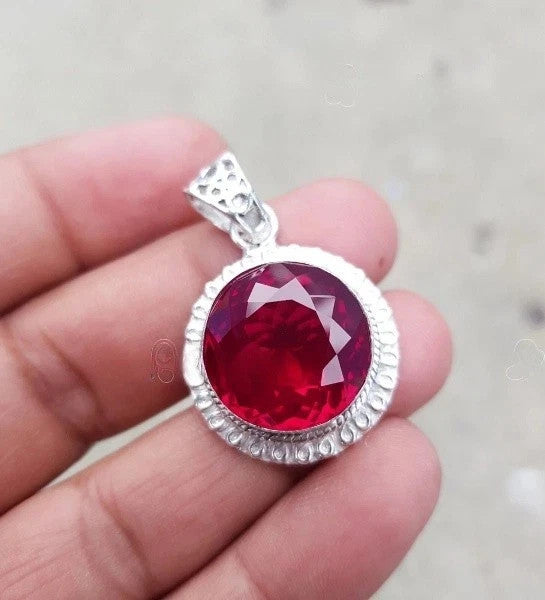 20 Ct Natural Ruby Round Pendant Necklace in Silver Handmade Jewelry