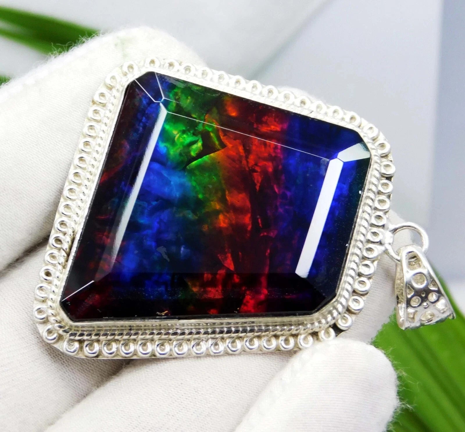 90.40 Ct Natural Canadian Ammolite Pendant Sterling Silver Setting Gemstone