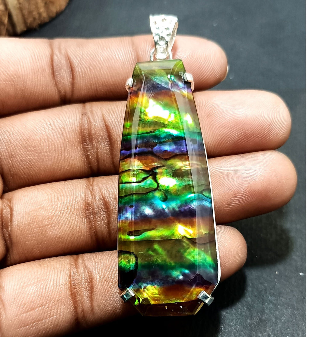 Certified 100.10 Ct Natural Ammolite 925 Solid Silver Rainbow Pendant Gemstone