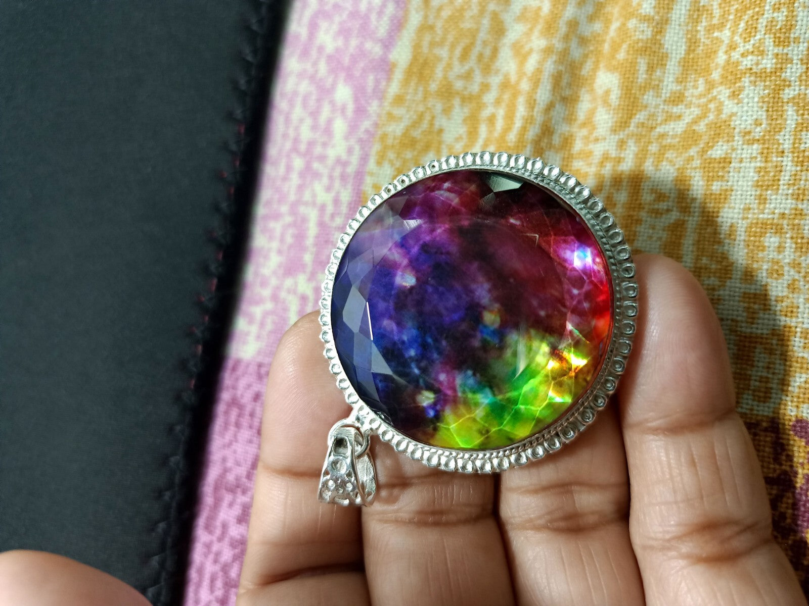 Certified Round Cut 118.50 Ct Natural Ammolite  Solid Silver Pendant Gemstone