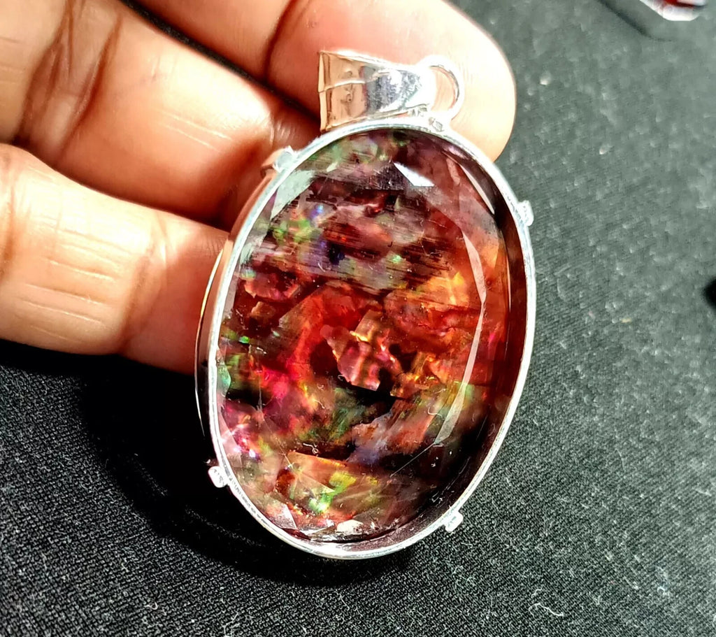 88.10 Ct Natural Ammolite 925 Solid Silver PENDANT MultiColor Certified Gemstone