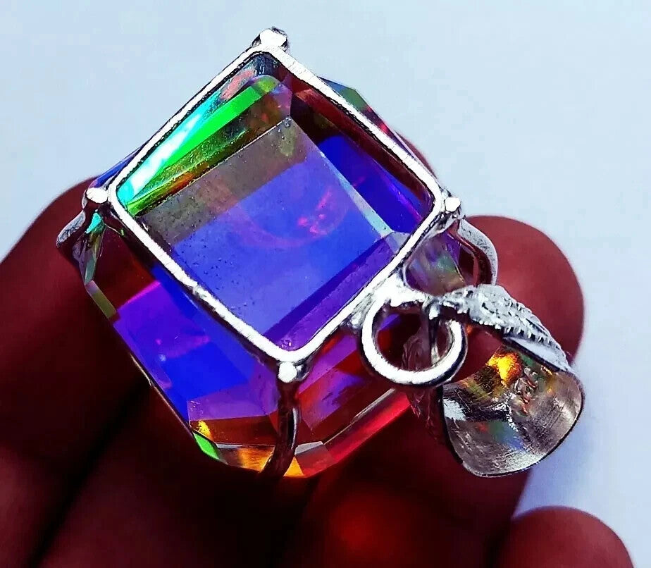 100 Ct Loose Natural Mystic Quartz Cube Gems in solid Sliver Timeless Pendant