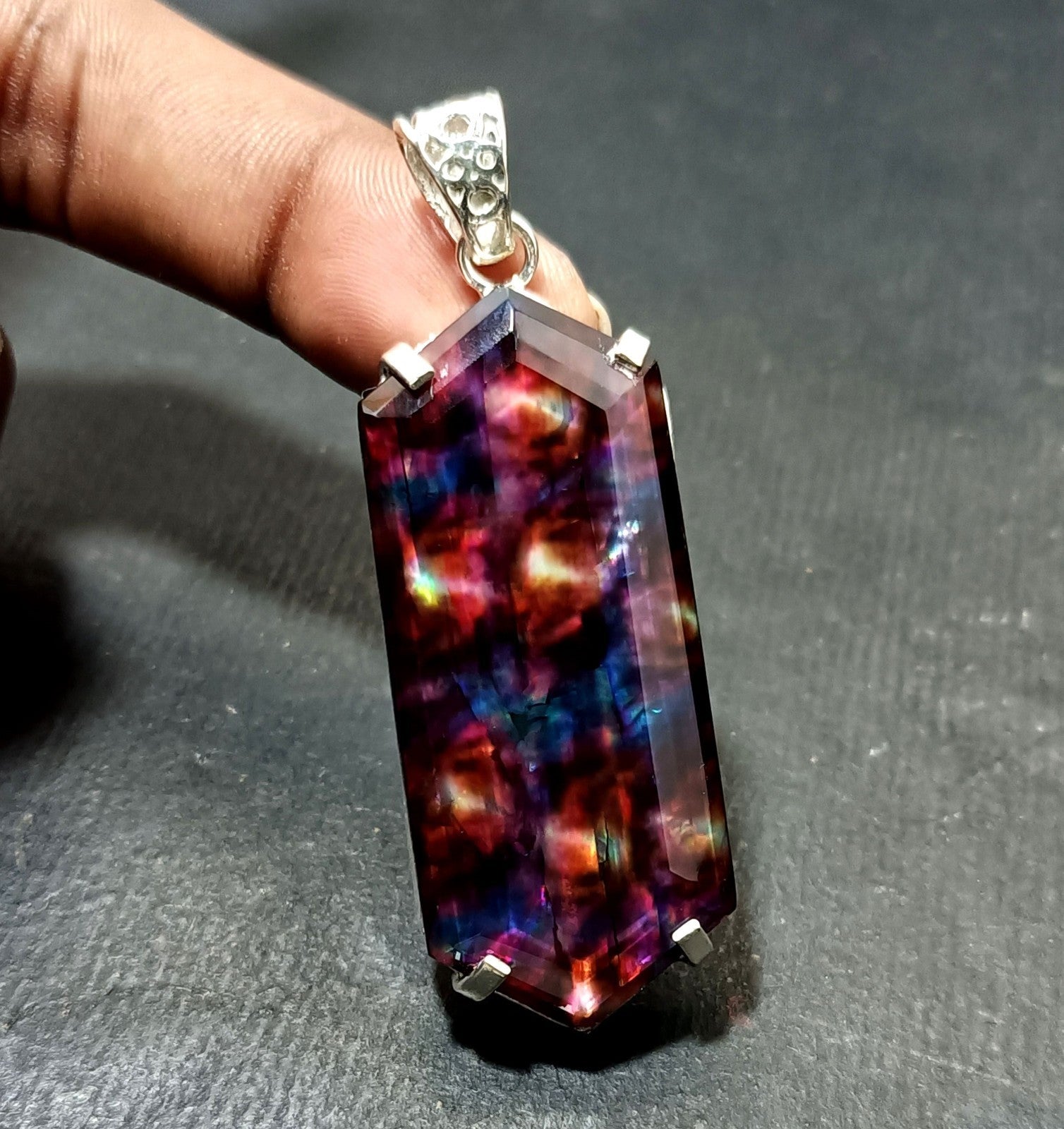 Certified 75.80 Ct Natural Ammolite 925 Solid Silver Rainbow Pendant Gemstone