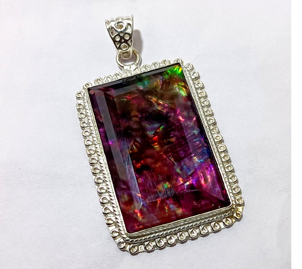 95.90 Ct Natural Ammolite 925 Solid Silver Rainbow PENDANT Certified Gemstone