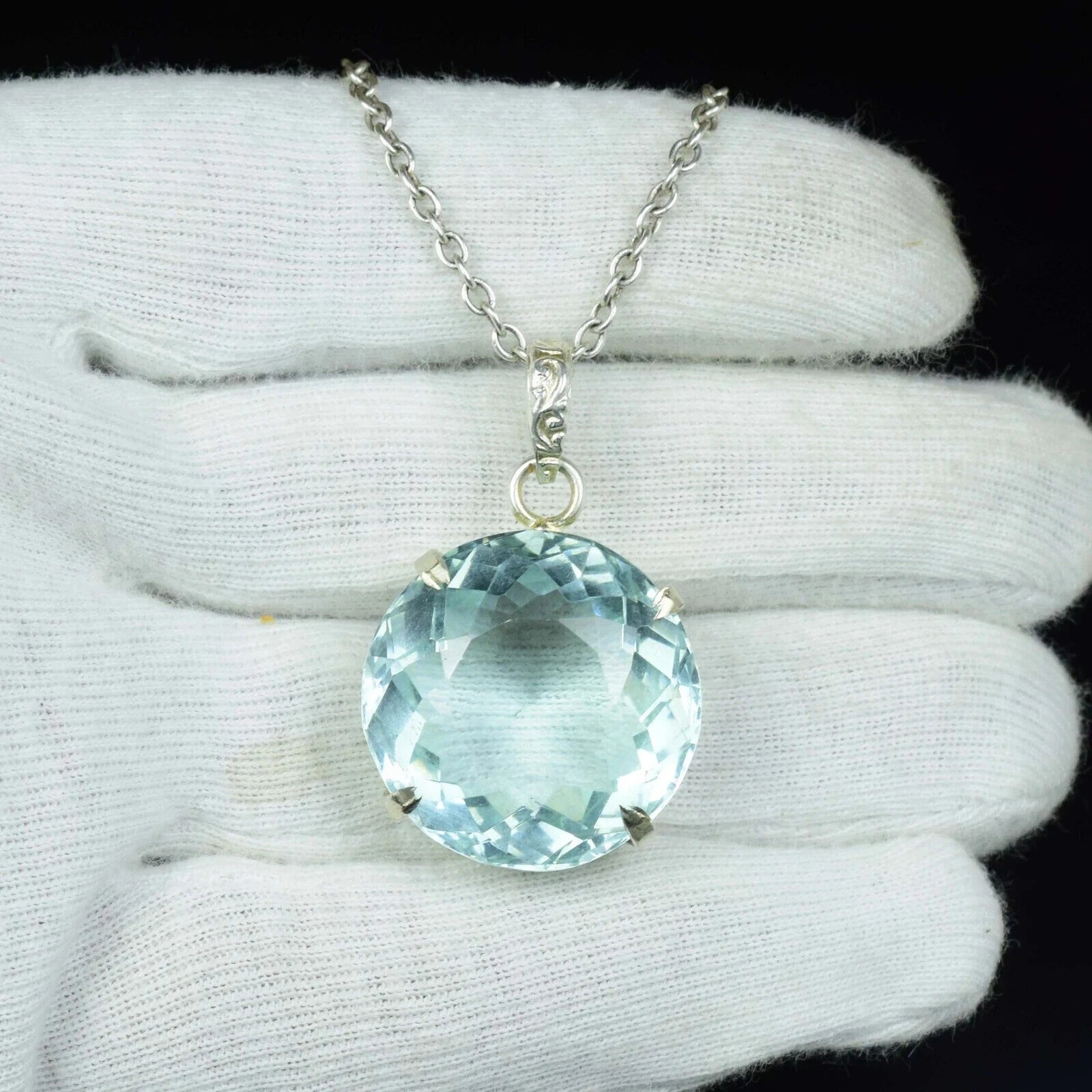 70 CT Aqua Blue Topaz Round Cut Pendant Necklace 925 Sterling Silver Round