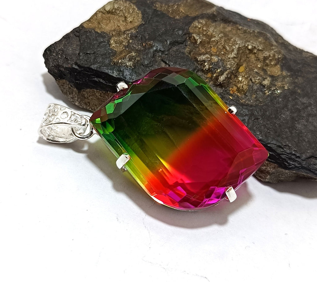 Bi-color Fancy Cut Certified Tourmaline 85 Ct+ Silver Pendant Gemstone