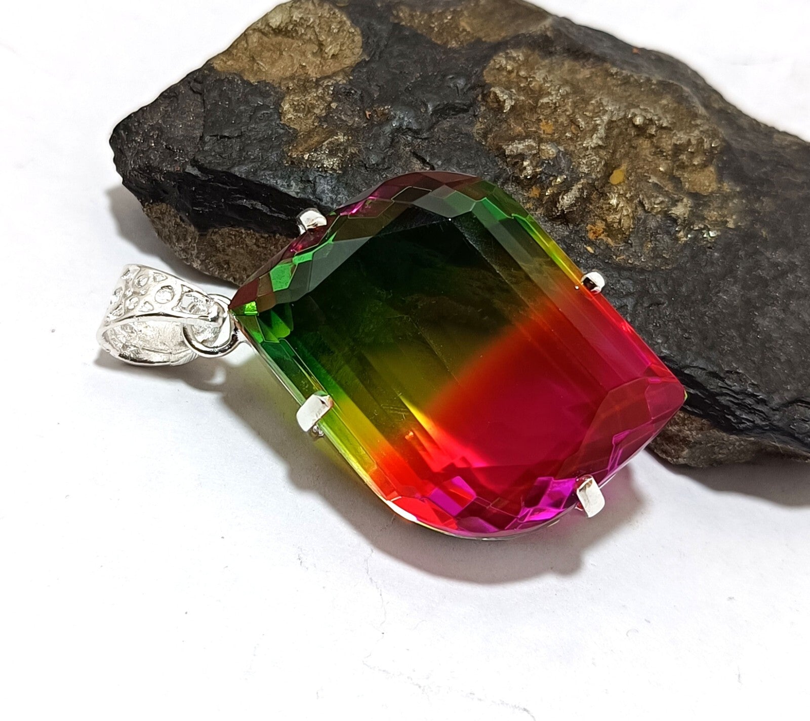 Bi-color Fancy Cut Certified Tourmaline 85 Ct+ Silver Pendant Gemstone