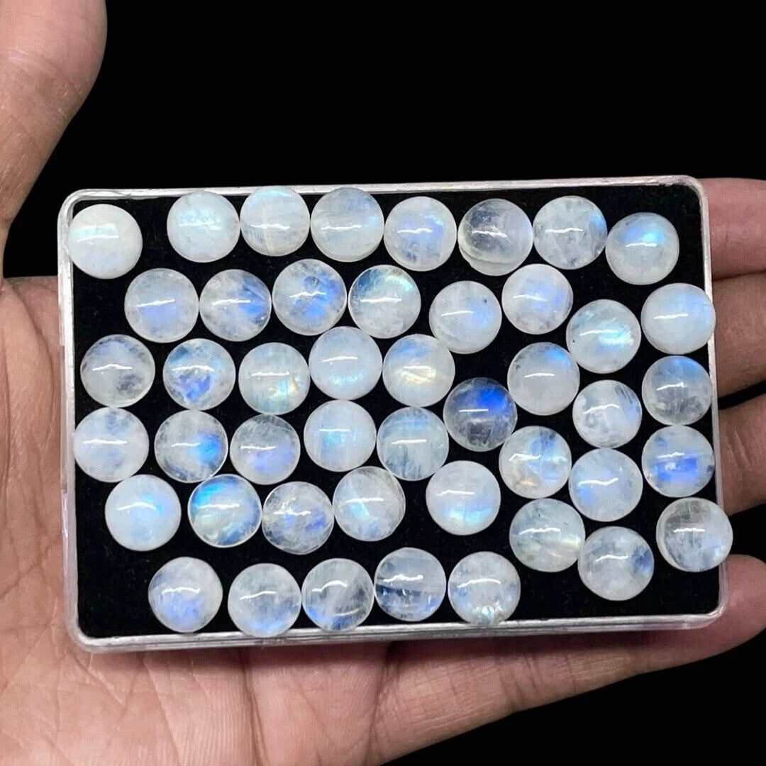 15 Pcs Natural Rainbow Moonstone 7x7 mm Round Blue Shines Cabochon Gemstones Lot