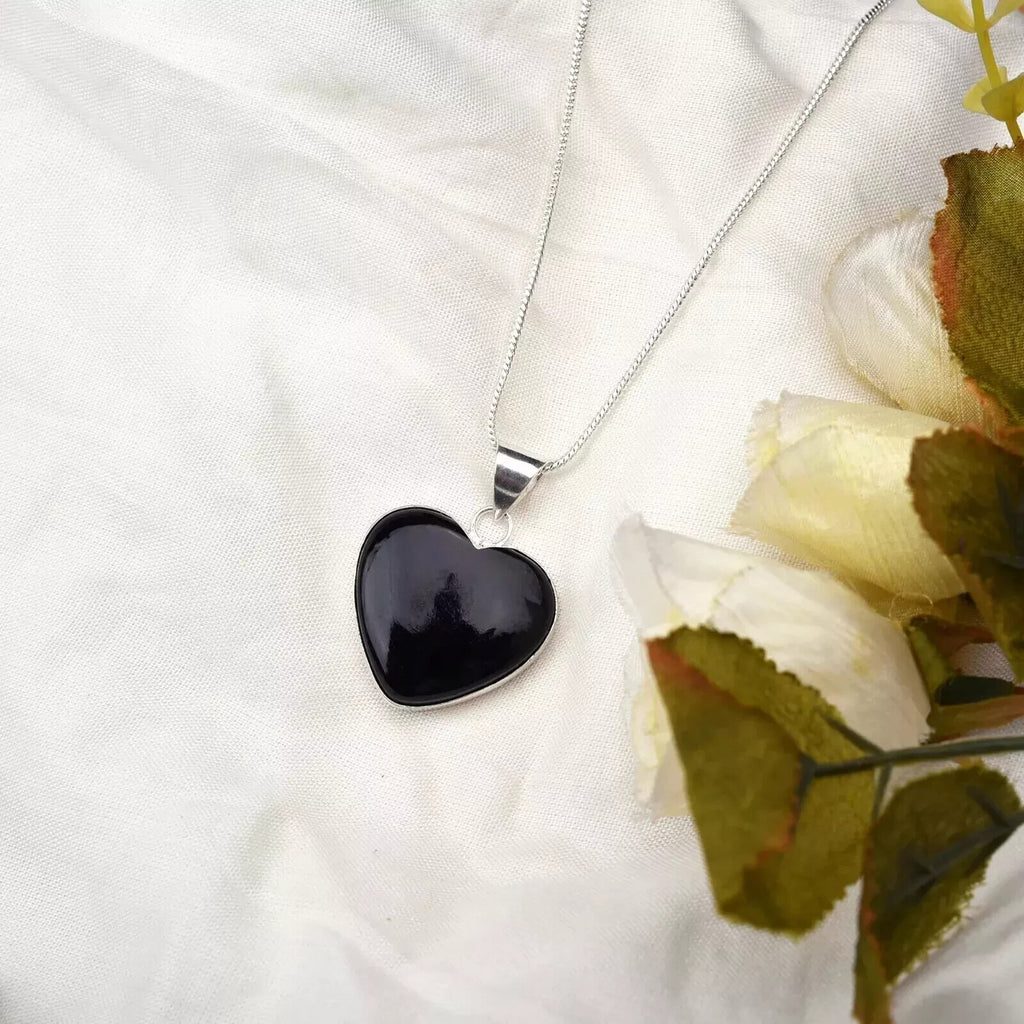 Heart Cut  Black Onyx Gemstone 925 Sterling Silver Pendant, Gift For Her Love