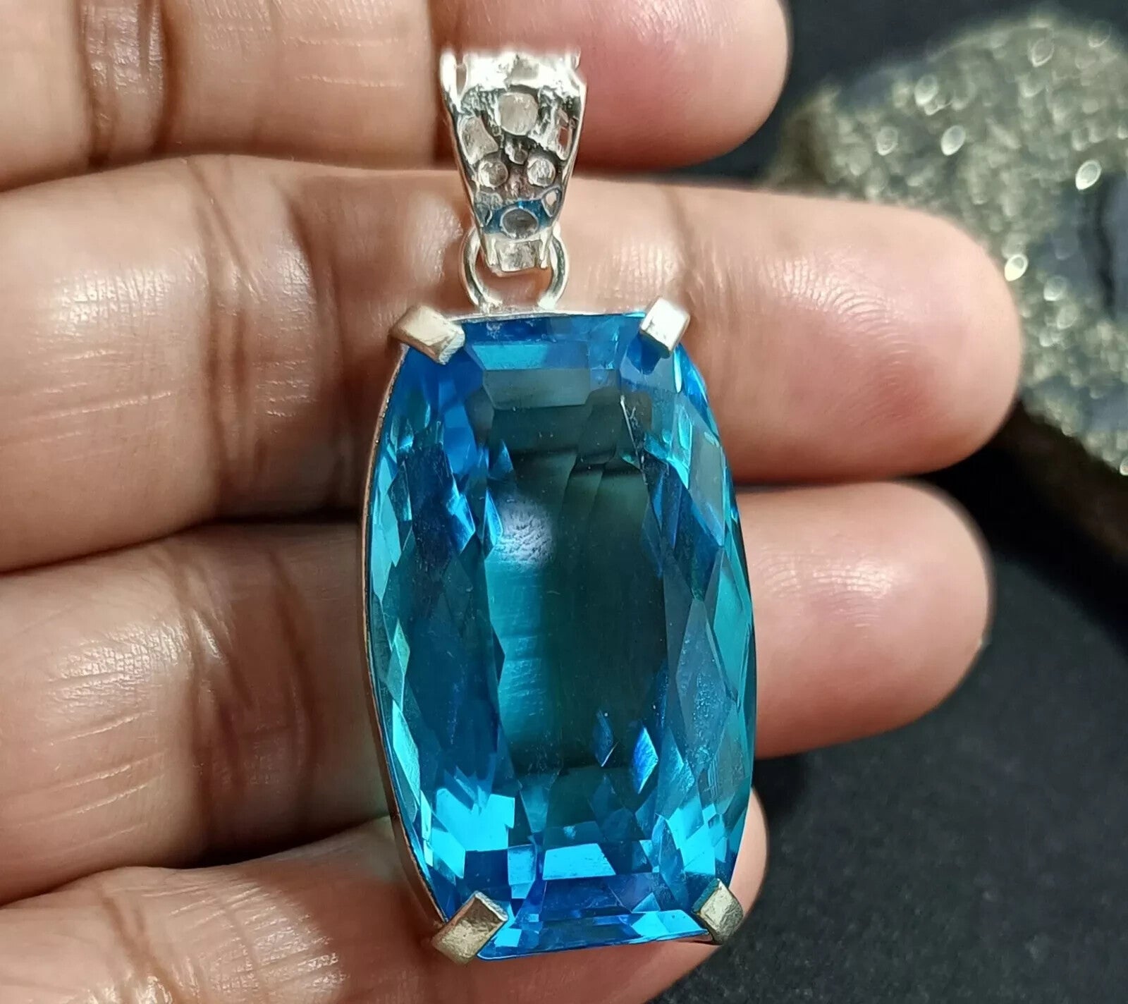 69.75 Ct Certified Lab-Created Blue Topaz 925 Solid Silver Pendant Gemstone