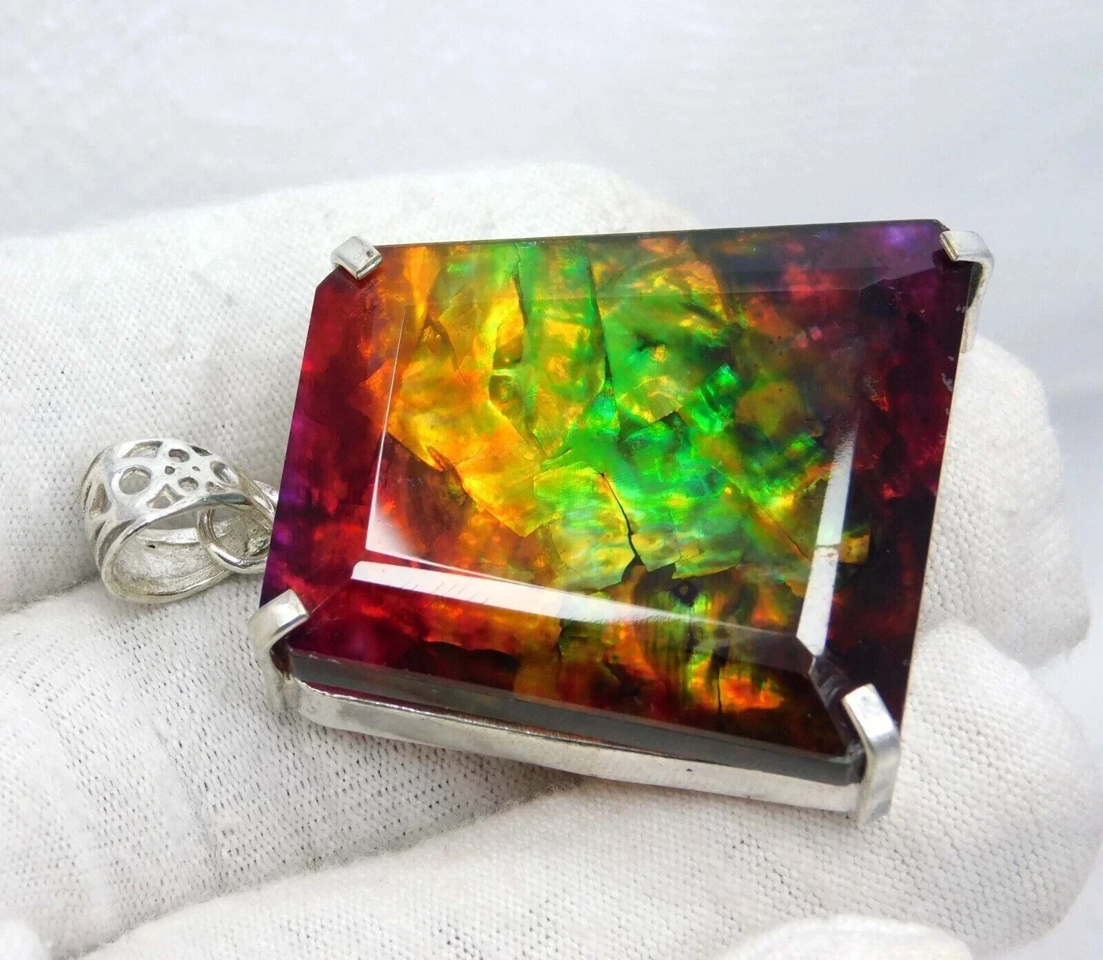 EGL Certified 85.15 Ct Natural Ammolite 925 Solid Silver Pendant Loose Gemstone