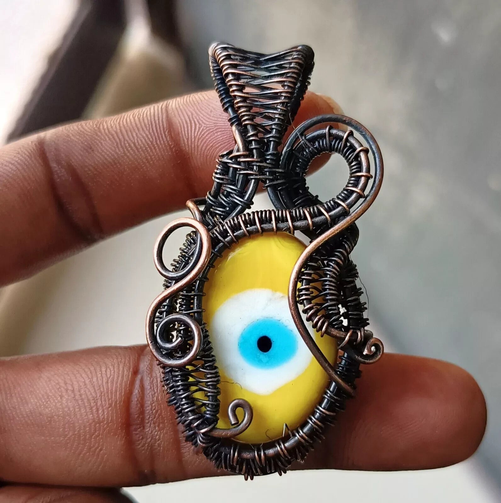 117.85 CT Yellow Evil Eye Gemstone Copper Wire Wrapped Pendant Gift For Mom