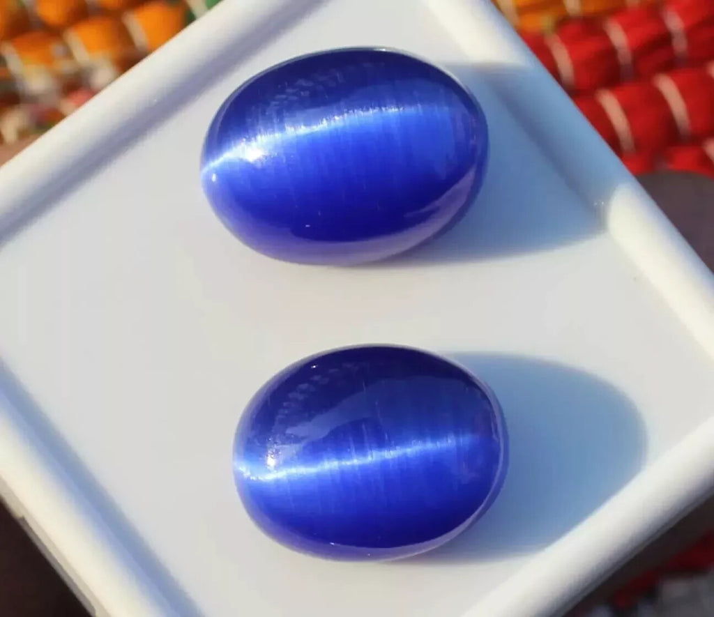 20 Ct NATURAL Loose BRAZILIAN BLUE Cat Eye Cabochon Certified GEMSTONE 2 Pcs