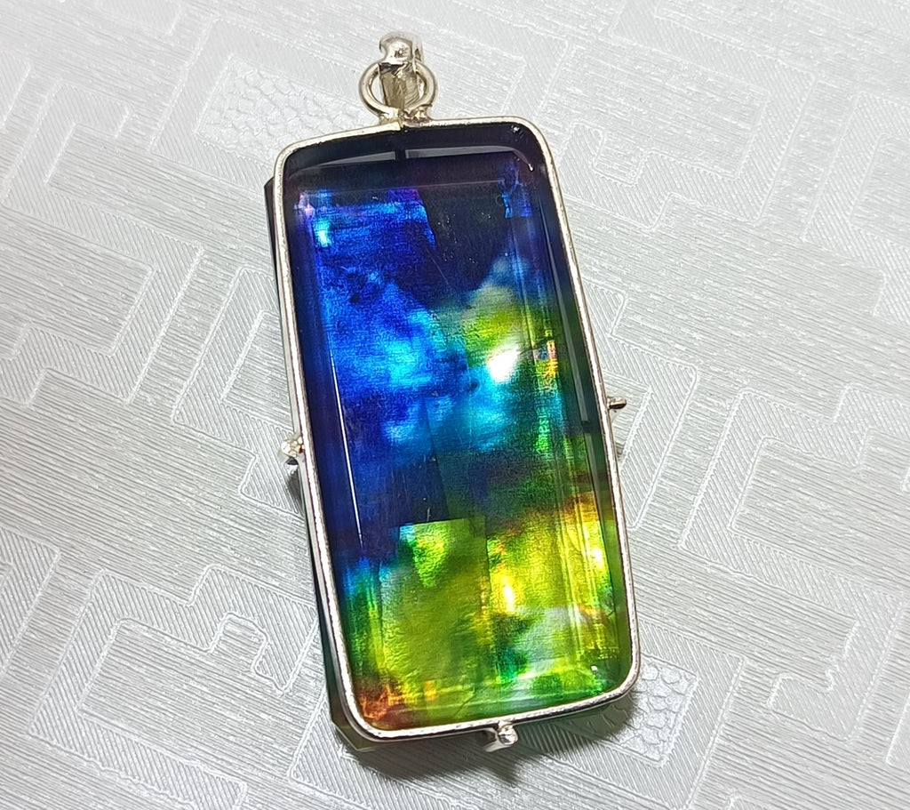 Certified 92.15Ct Natural Ammolite 925 Silver Emerald Cut Pendant Loose Gemstone