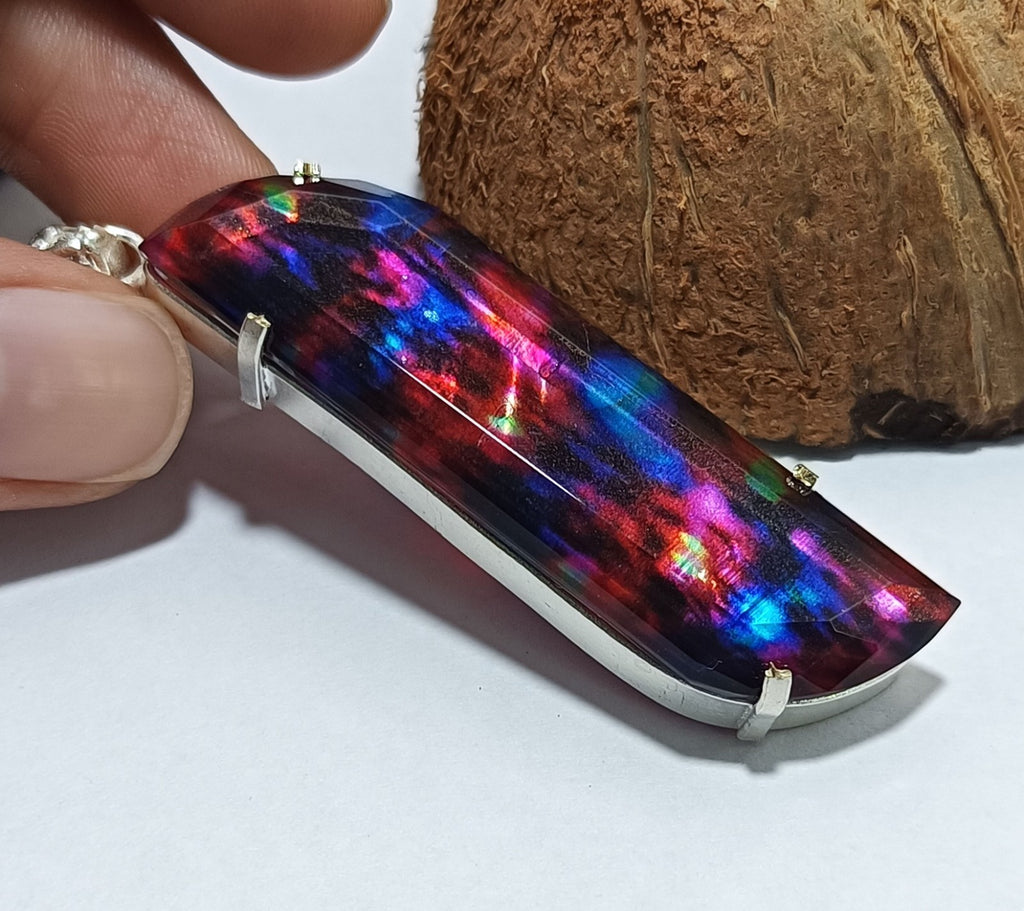 Certified Fancy Cut 80.70 Ct Natural Ammolite  Solid Silver Pendant Gemstone