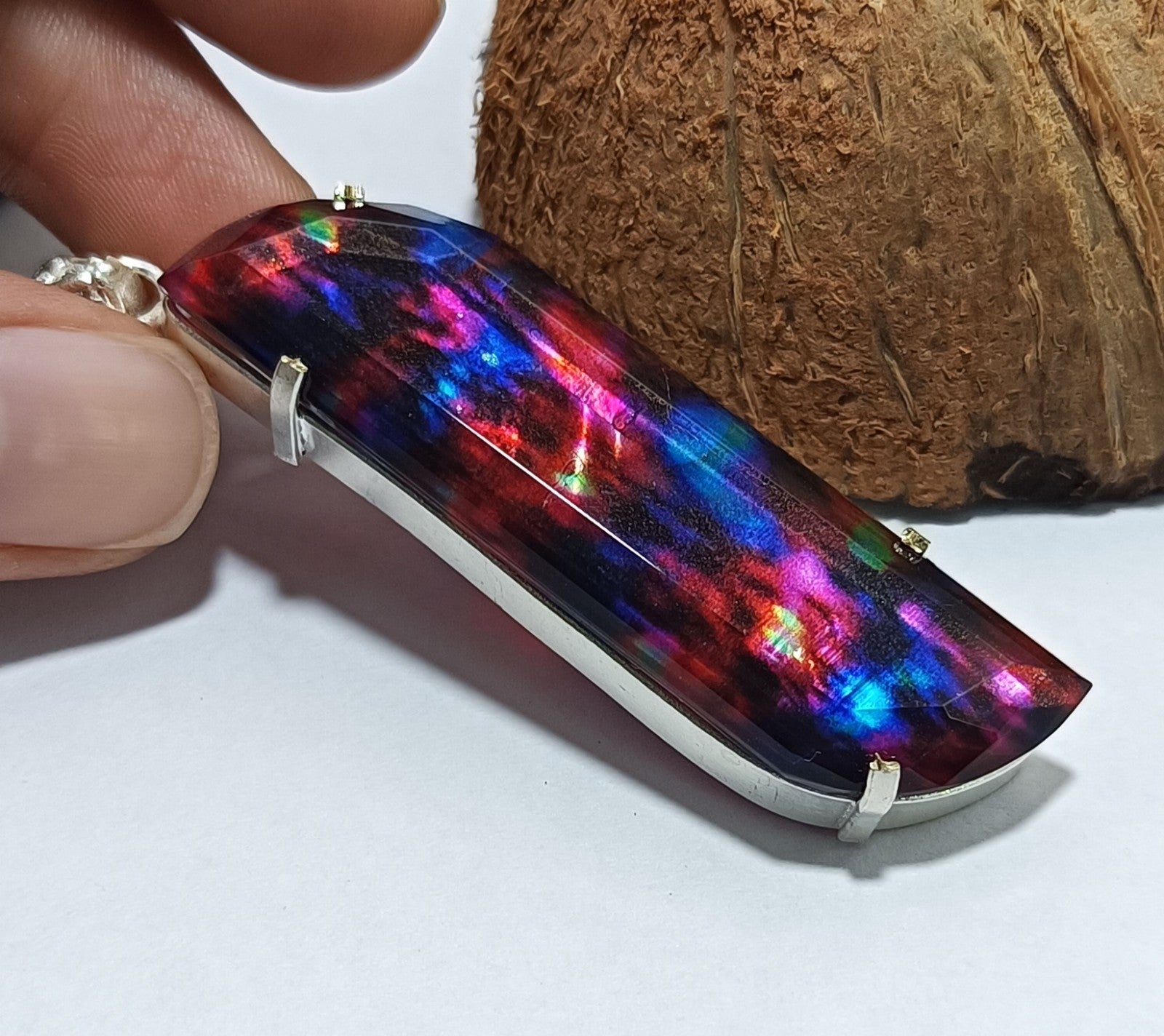 Certified Fancy Cut 80.70 Ct Natural Ammolite  Solid Silver Pendant Gemstone