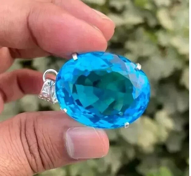65 Ct+ Certified Natural Blue Oval Topaz 925 Solid Silver Pendant Gemstone