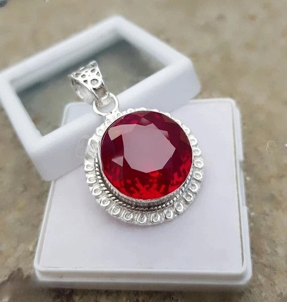 20 Ct Natural Ruby Round Pendant Necklace in Silver Handmade Jewelry