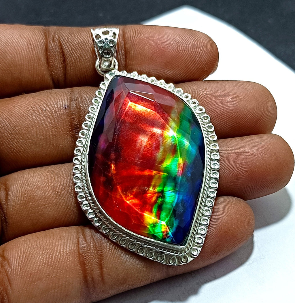 Certified 100.85 Ct Natural Ammolite 925 Solid Silver Rainbow Pendant Gemstone