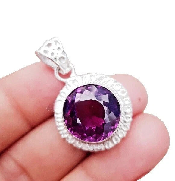 22 Ct Natural Color Change Alexandrite Round Fancy Solid Silver Pendant Gemstone