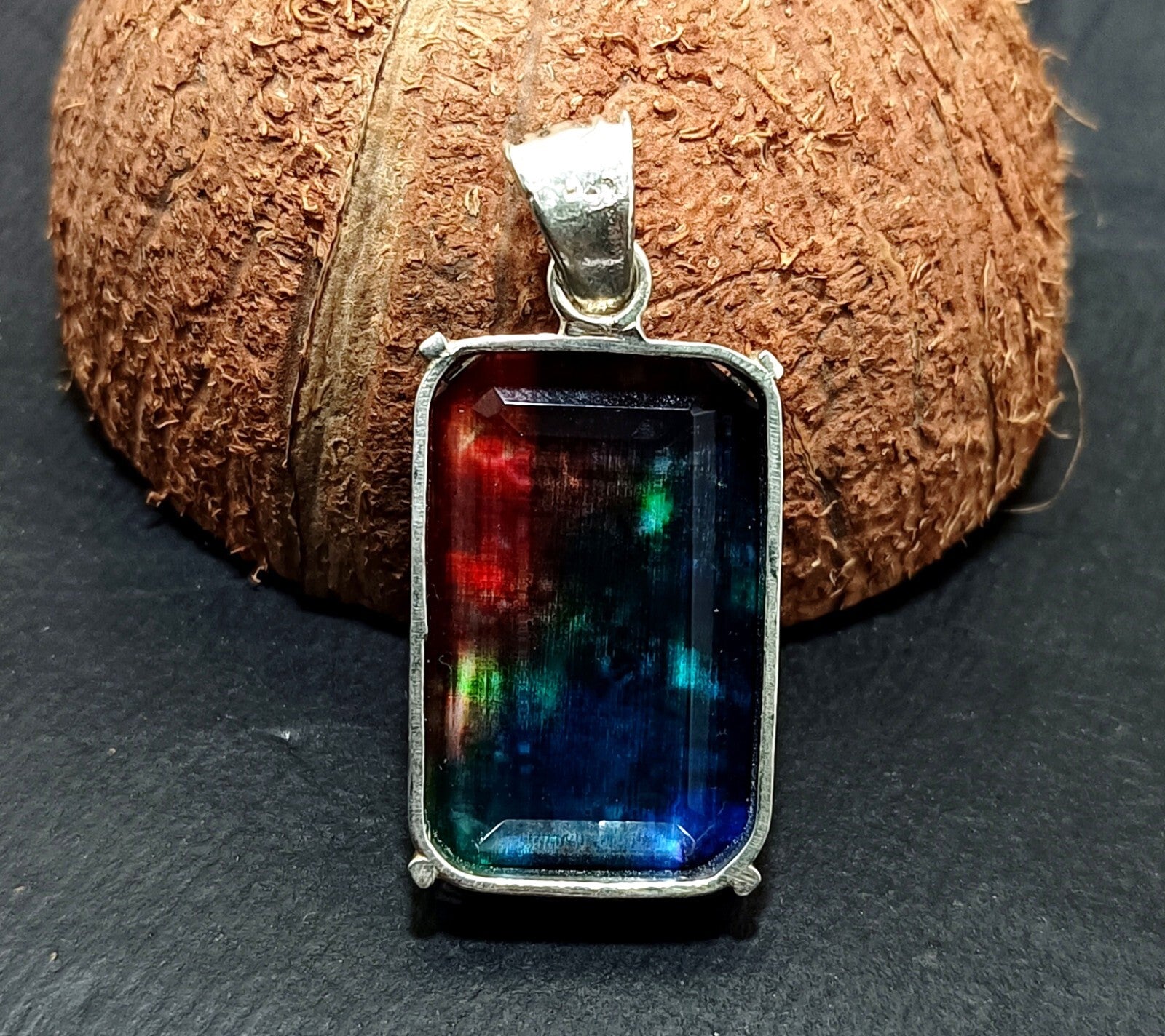 Certified 65.05Ct Natural Ammolite 925 Silver Emerald Cut Pendant Loose Gemstone