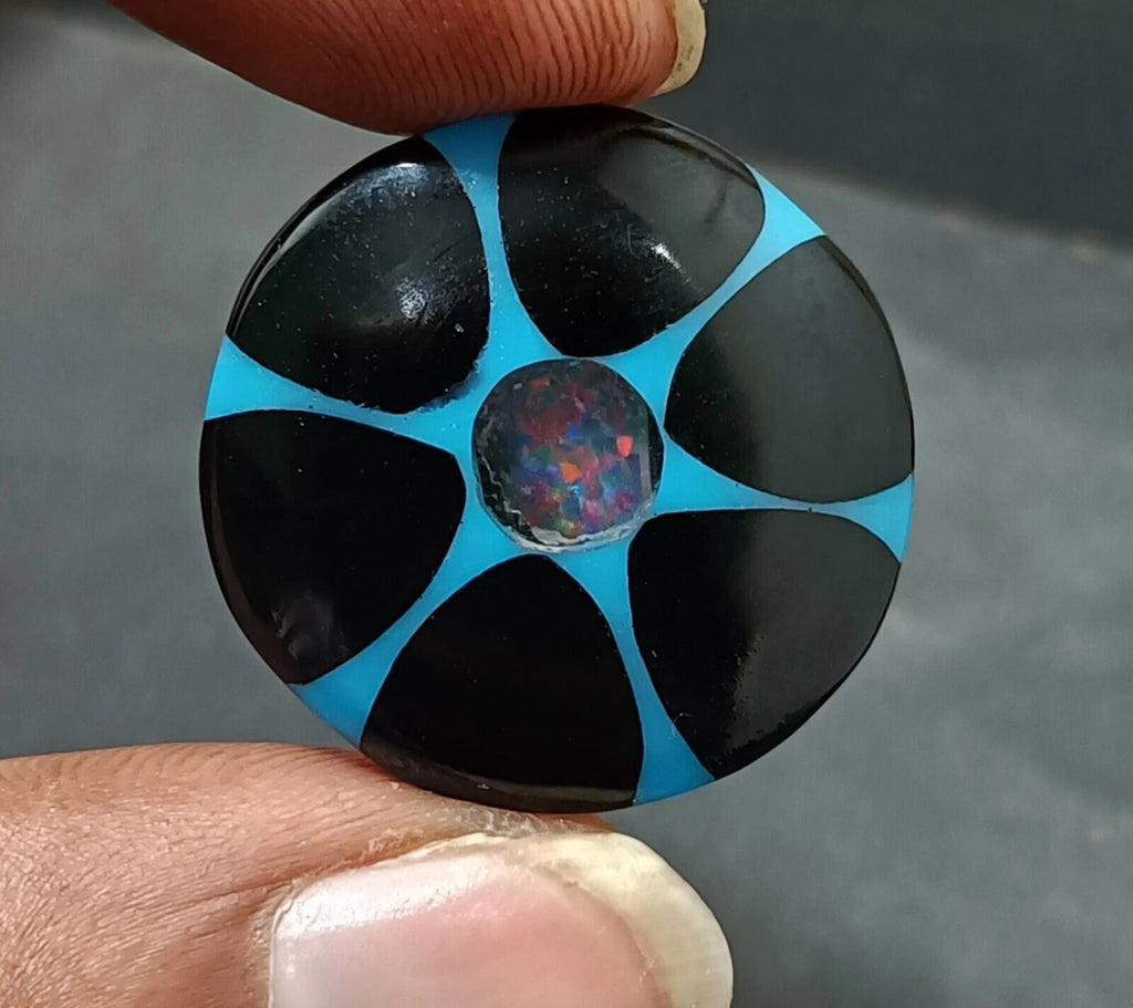 22.80 Ct Black &Blue Onyx Trapiche Fire Opal Inside Round Cut Loose Gemstone