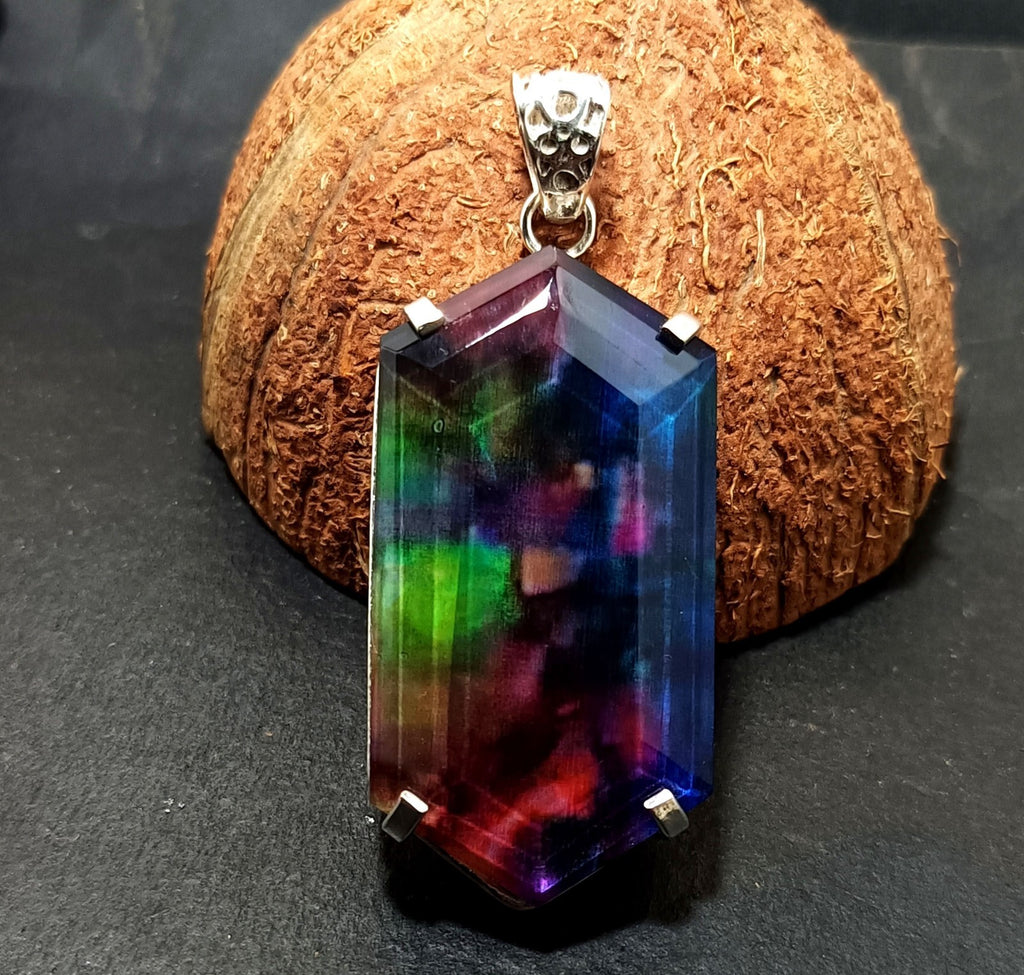 Certified 95.25Ct Natural Ammolite 925 Silver Fancy Cut Pendant Loose Gemstone