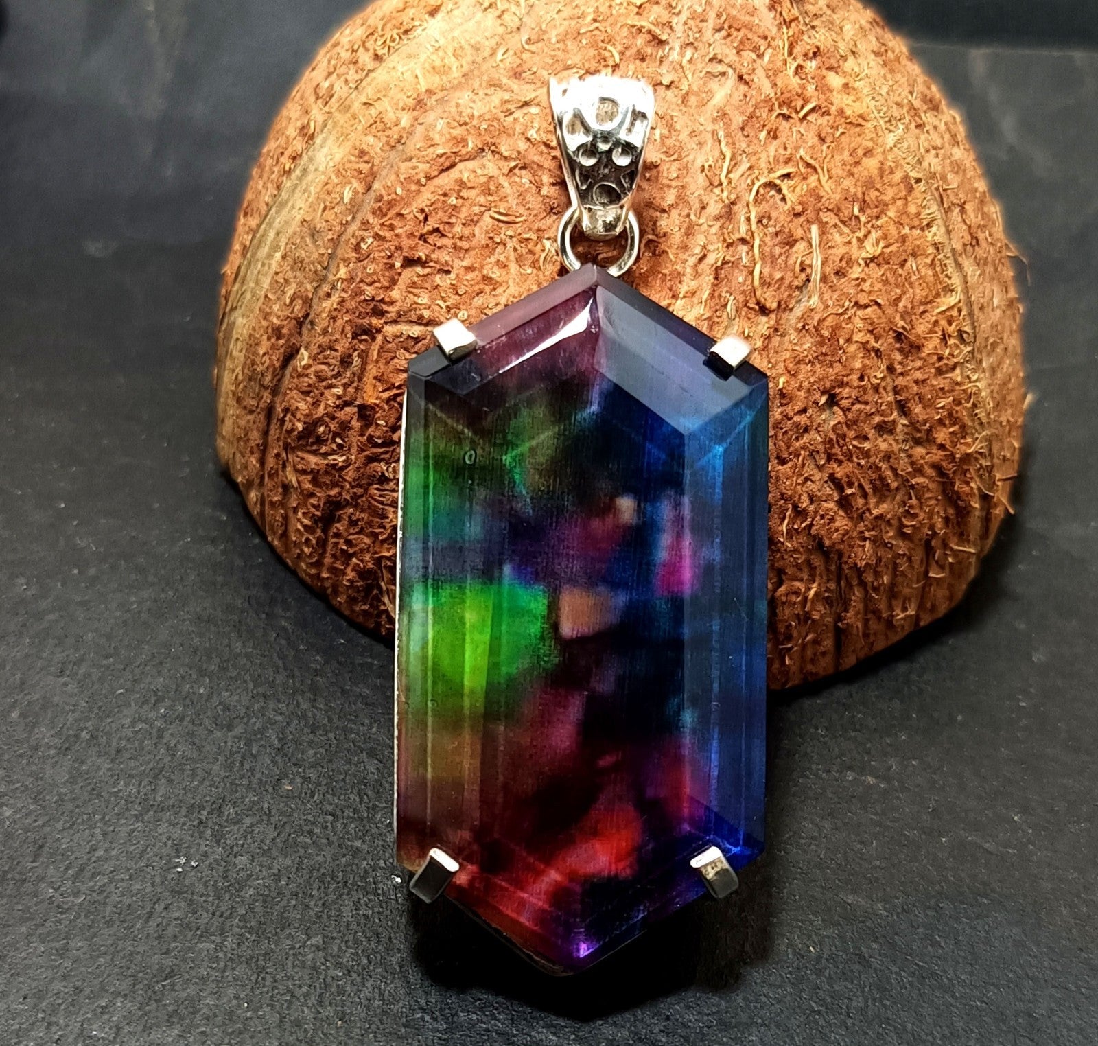 Certified 95.25Ct Natural Ammolite 925 Silver Fancy Cut Pendant Loose Gemstone