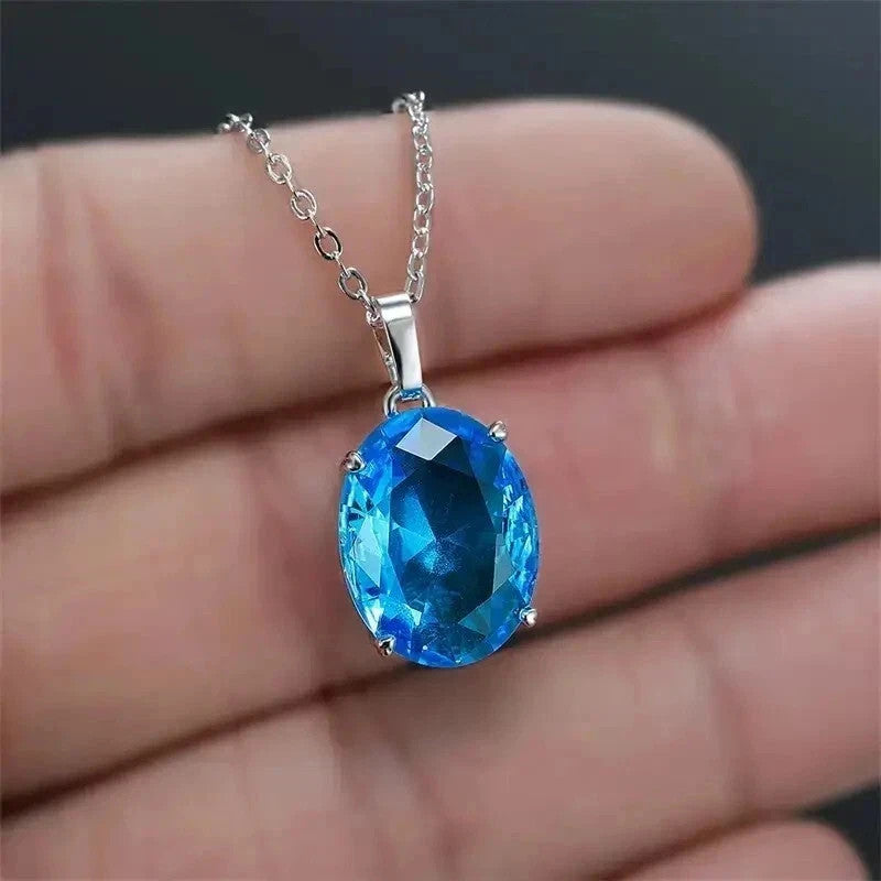 Share Gorgeous Blue Oval Zircon Inlaid Pendant Necklace Neck Chain Jewelry Acces