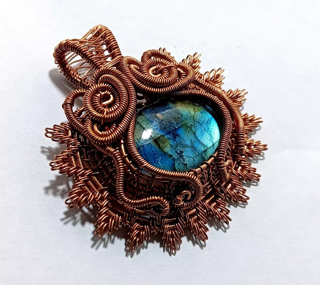 109.5 Ct Labradorite Wire Wrapped Pendant Handcrafted Copper Ethnic Gift 1.97"