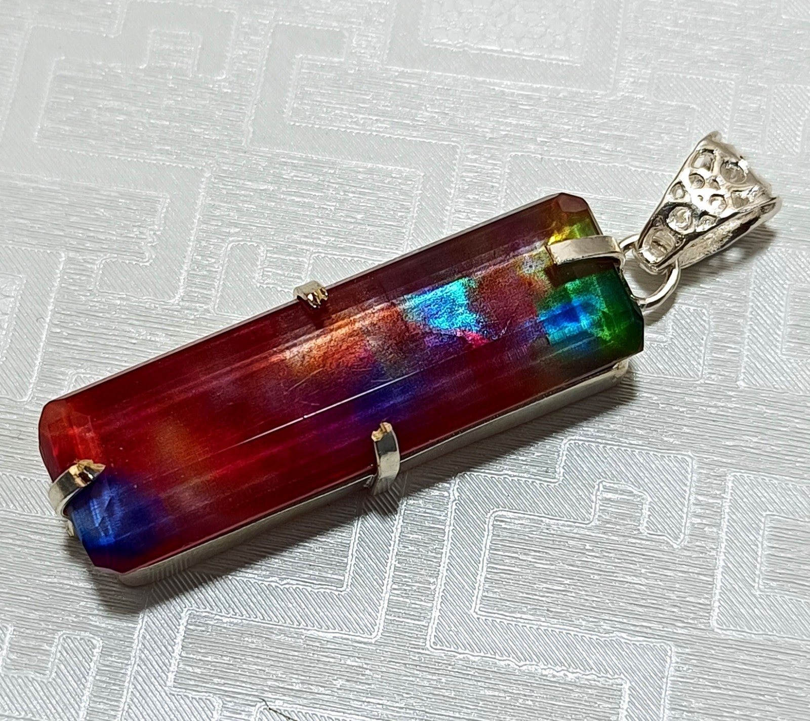 Certified 56.40Ct Natural Ammolite 925 Silver Emerald Cut Pendant Loose Gemstone