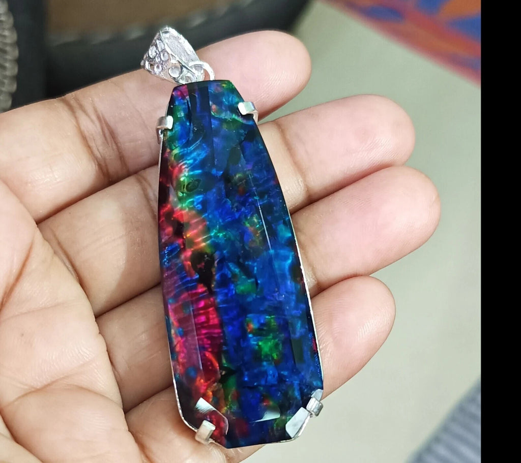 Certified 101.10 Ct Natural Ammolite 925 Solid Silver Rainbow Pendant Gemstone