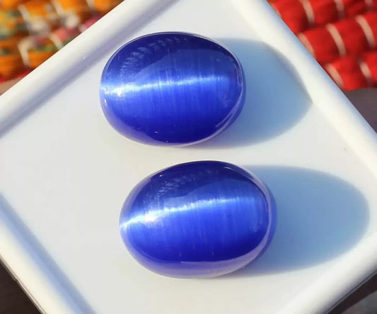 20 Ct NATURAL Loose BRAZILIAN BLUE Cat Eye Cabochon Certified GEMSTONE 2 Pcs