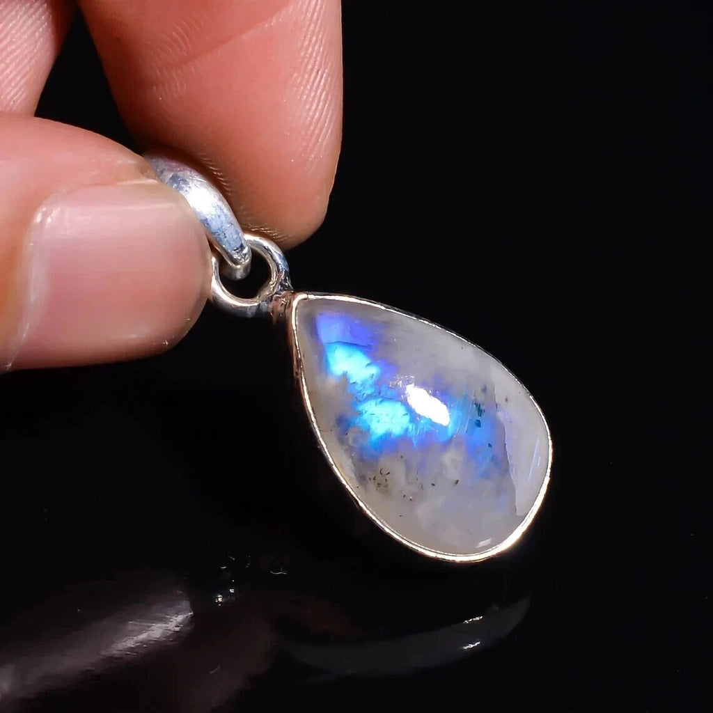 20 Ct Natural Rainbow Moonstone Gemstone 925 Sterling Silver Teardrop Pendant