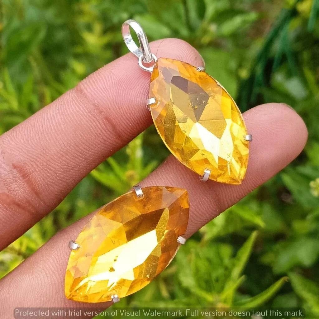 Calm Yellow Faceted 50 Ct Natural Topaz Sterling Silver Plated Handmade Pendant