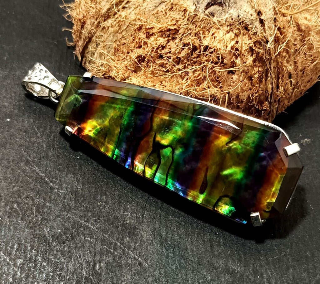 Certified 100.10 Ct Natural Ammolite 925 Solid Silver Rainbow Pendant Gemstone
