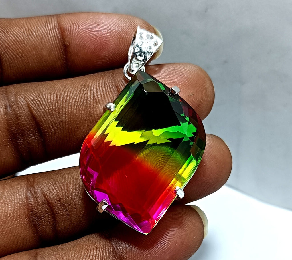 Bi-color Fancy Cut Certified Tourmaline 85 Ct+ Silver Pendant Gemstone