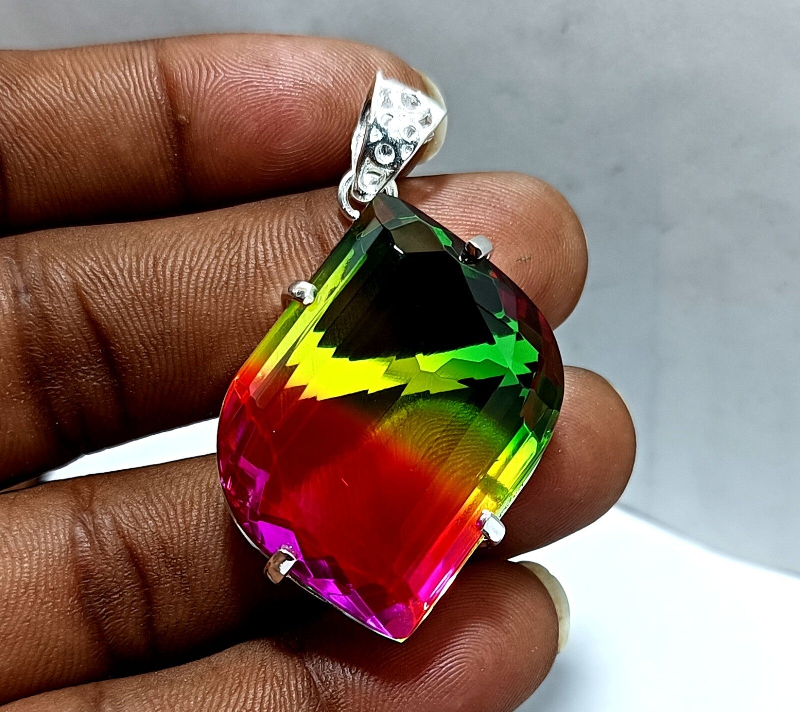 Bi-color Fancy Cut Certified Tourmaline 85 Ct+ Silver Pendant Gemstone