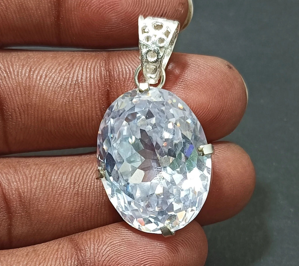 30 Ct Natural Brazilian Oval Cut White Zircon Pendant 925 Silver Gemstone