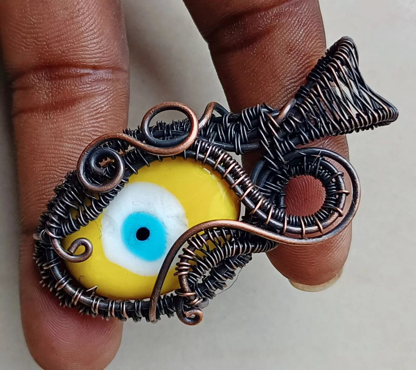 117.85 CT Yellow Evil Eye Gemstone Copper Wire Wrapped Pendant Gift For Mom