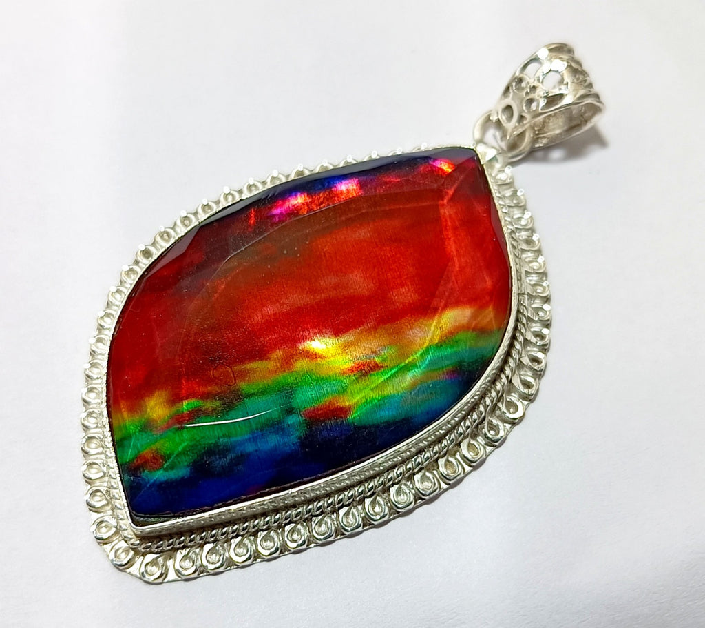 Certified 100.85 Ct Natural Ammolite 925 Solid Silver Rainbow Pendant Gemstone