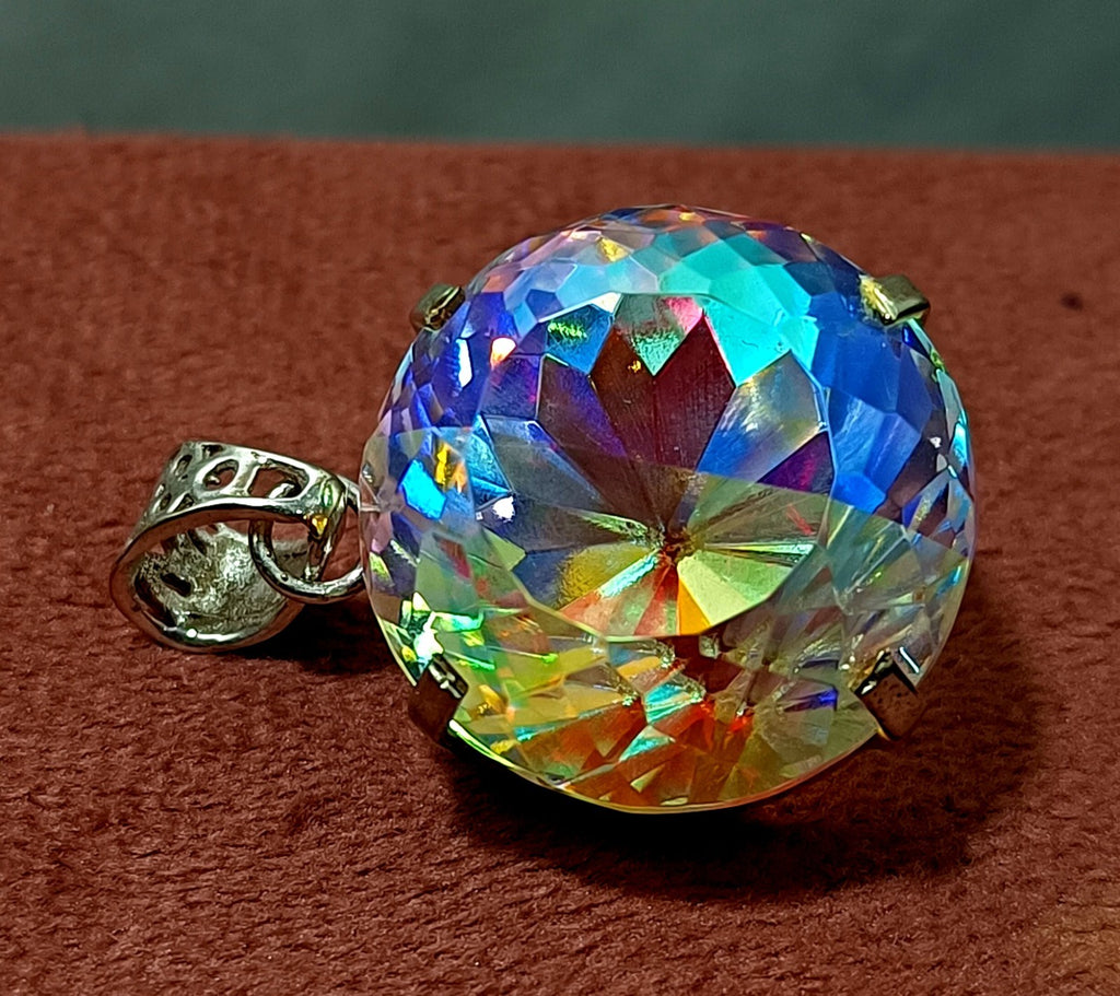 GIE Certified 86.20 Ct Round Natural Mystic Rainbow Pendant 925 Silver Jewelry