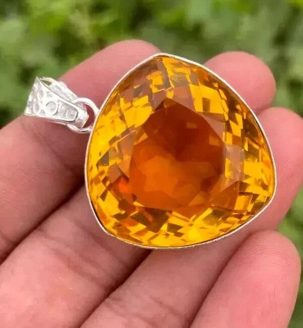 101.90 Ct Natural Yellow Citrine Trillion in Solid Silver Pendant Gemstone