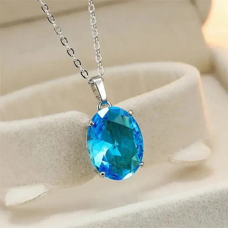 Share Gorgeous Blue Oval Zircon Inlaid Pendant Necklace Neck Chain Jewelry Acces