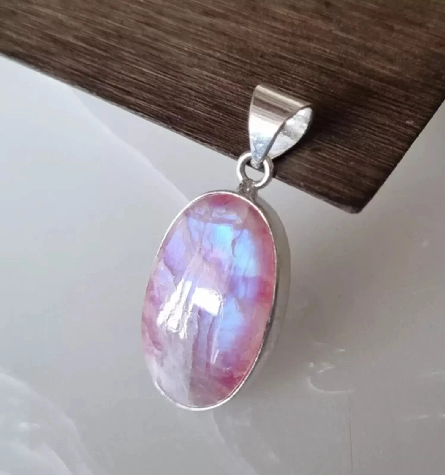 15 Ct Pink Moonstone Pendant Solid 925 Sterling Silver Simple Neck Jewelry item