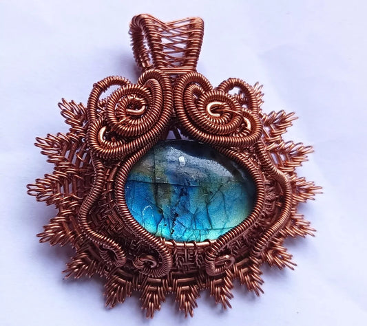109.5 Ct Labradorite Wire Wrapped Pendant Handcrafted Copper Ethnic Gift 1.97"