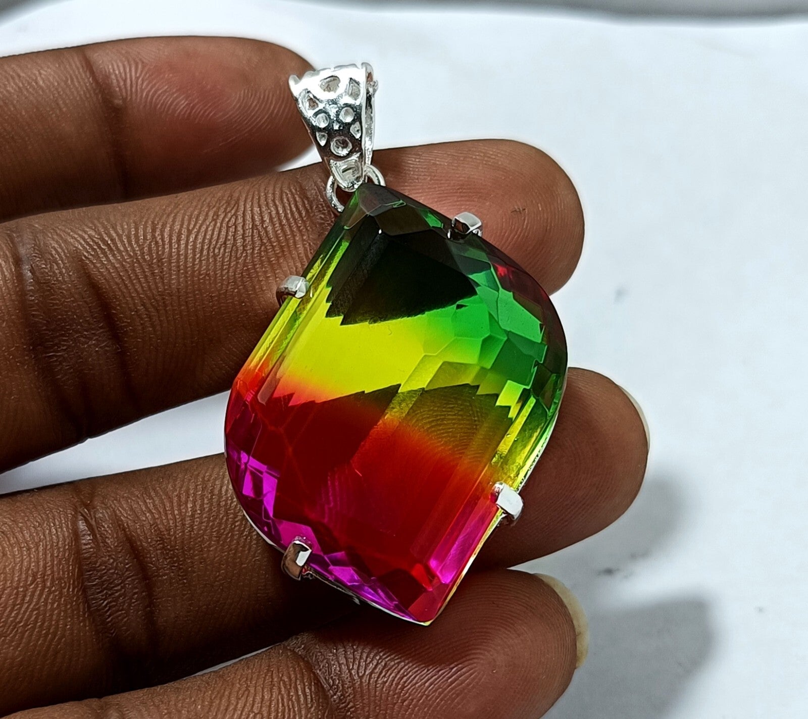 Bi-color Fancy Cut Certified Tourmaline 85 Ct+ Silver Pendant Gemstone