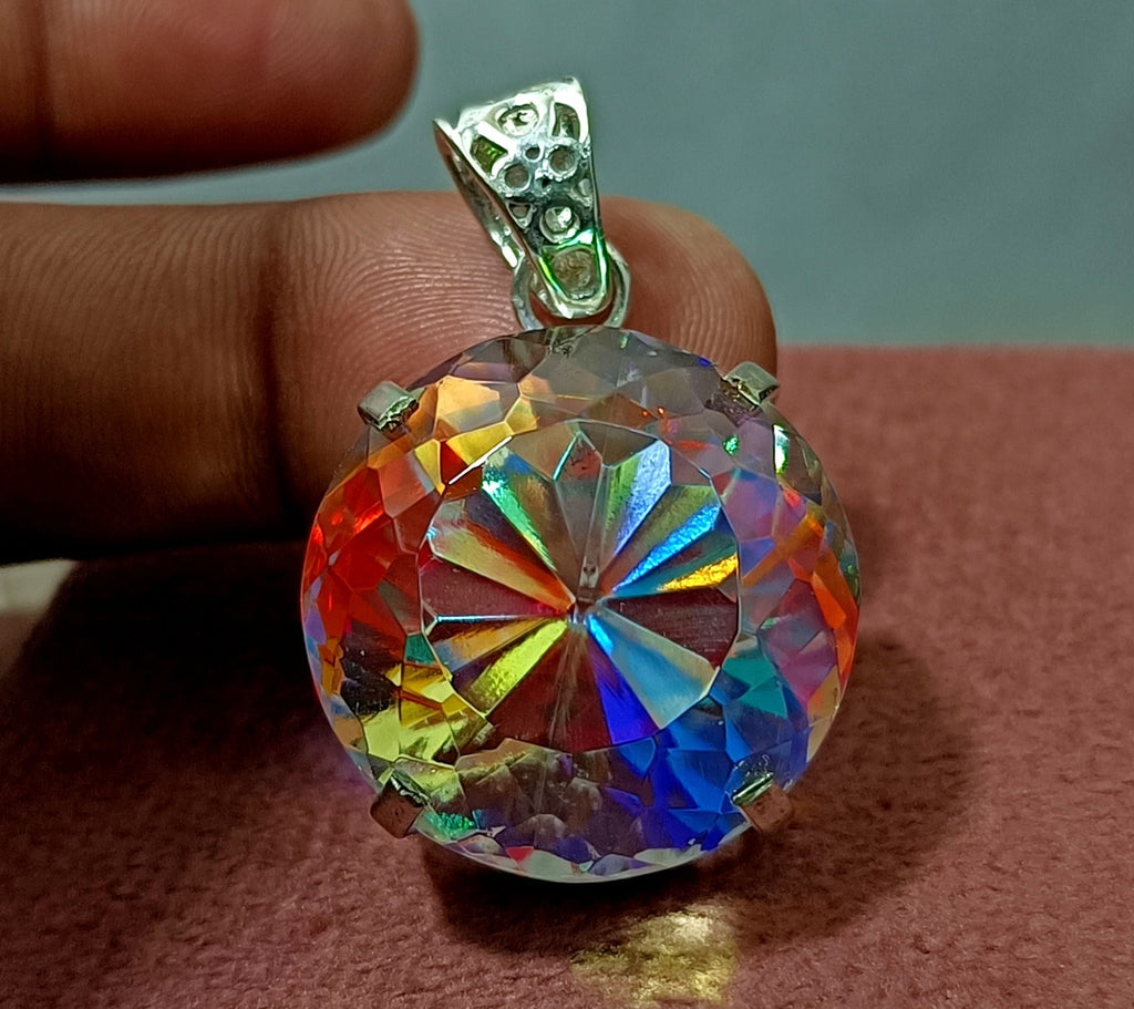 GIE Certified 86.20 Ct Round Natural Mystic Rainbow Pendant 925 Silver Jewelry